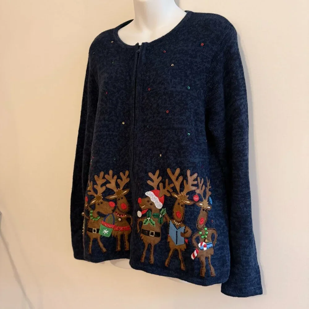 VINTAGE  Blue Christmas Sweater | Singing Reindeer & Festive Lights | Tiara - Picture 6 of 10